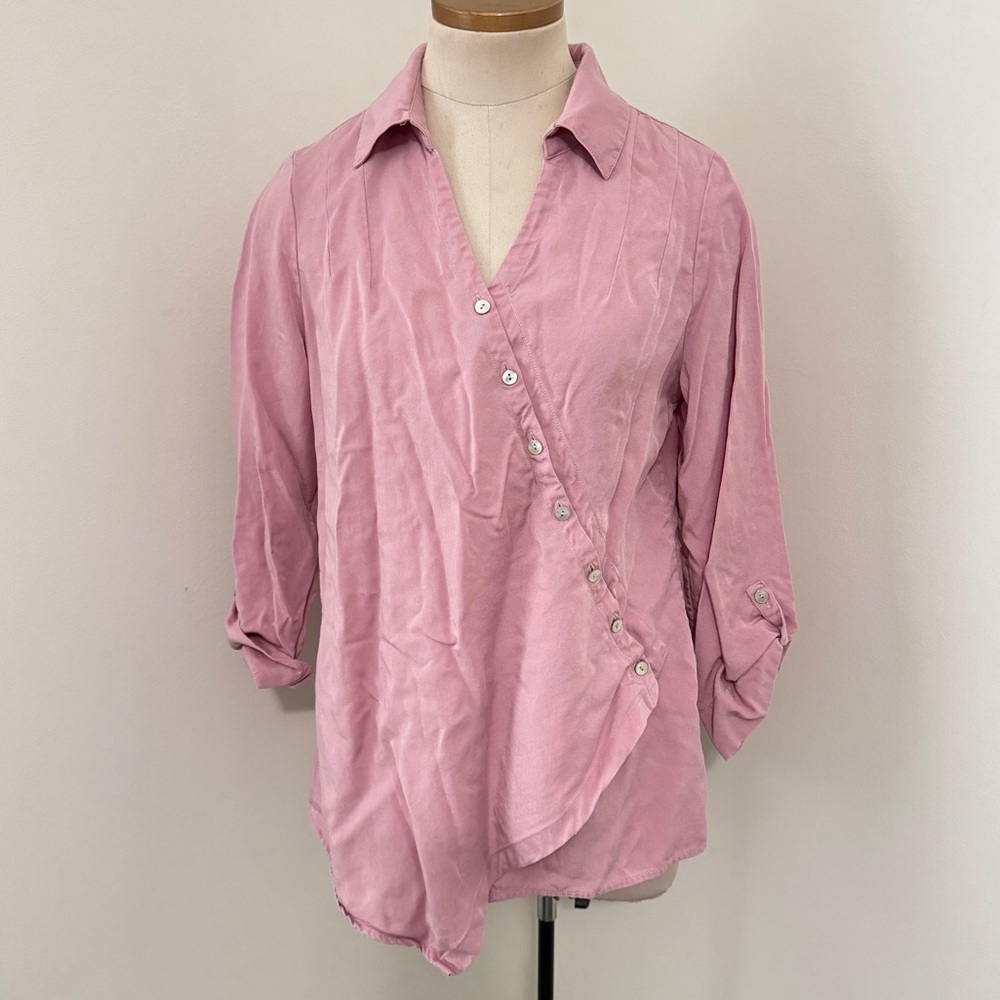 Soft Surroundings Petite Small Pink Washed Tencel Wrap Asymmetrical Blouse Top